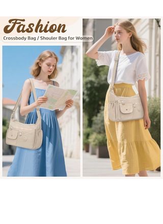 Bolso Bandolera Grande Nylon Beige Mujer