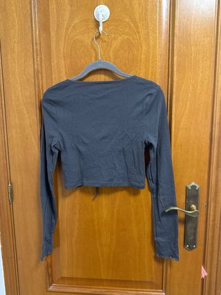 Top Stradivarius Gris Manga Larga Escote Cordón Ta