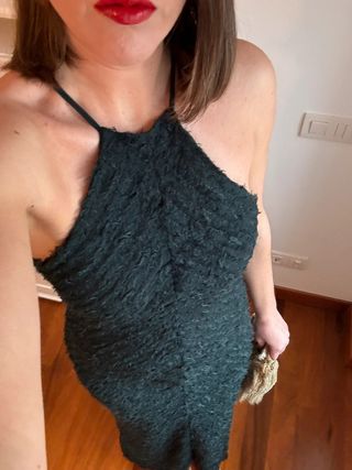 Vestido largo fiesta verde halter flecos Zara