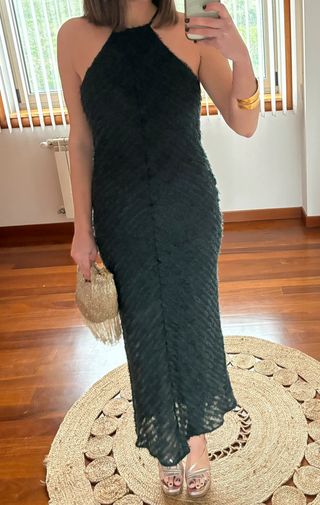 Vestido largo fiesta verde halter flecos Zara
