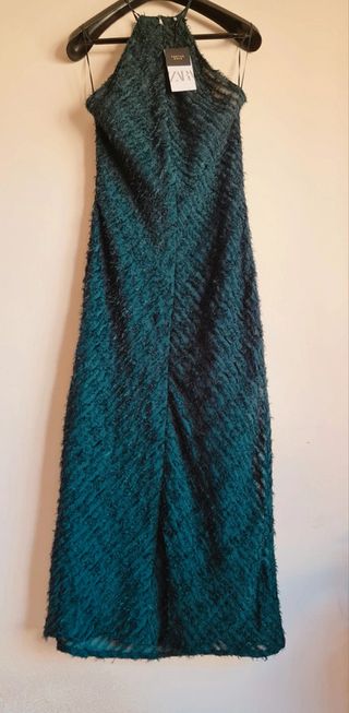 Vestido largo fiesta verde halter flecos Zara