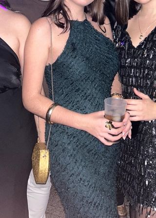 Vestido largo fiesta verde halter flecos Zara