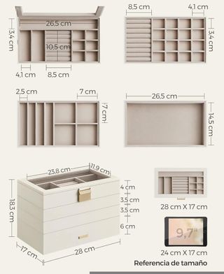 SONGMICS Caja Joyero con 4 Bandejas Apilables, Navidad, Caja de Joyas Grande, Tapa de Cristal Transparente, 17 x 28 x 18,3 cm, para Cajón de Tocador, Idea de Regalo, Blanco JBC164W01