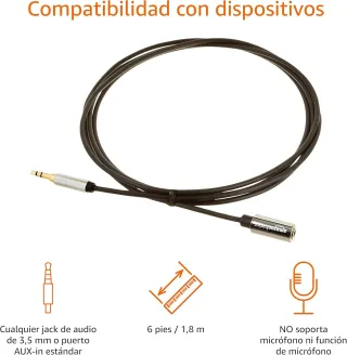 Amazon Basics Cable alargador de Auxiliar audio estéreo (conector 3,5 mm macho a hembra, 1.83 m), Negro