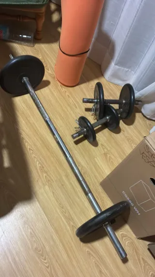 Barra y pesas de gimnasio