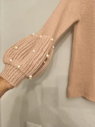 Jersey beige mangas abullonadas con perlas