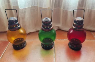 3 Faroles Portavelas Cristal y Metal color cobre.