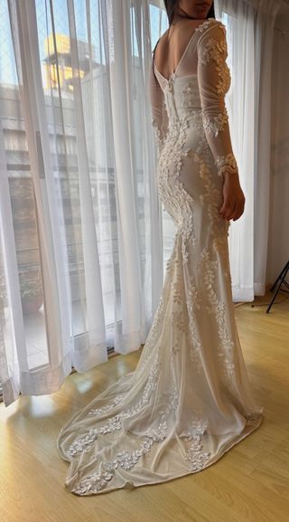 Vestido de Novia Sirena Encaje Manga Larga.Talle S