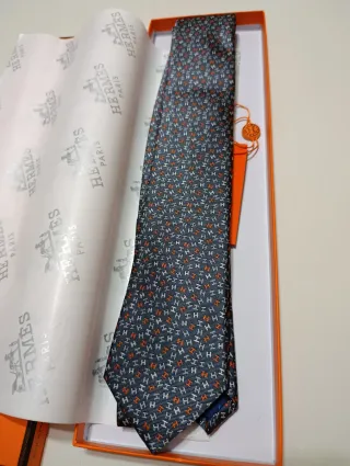 Corbata Hermès Gris y Naranja