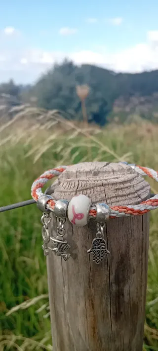 Pulsera Pandora Macramé Rosa y Plata 100% artesana