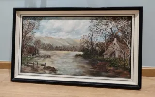 Conjunto sofás 3+2, cuadro y mesas de cristal