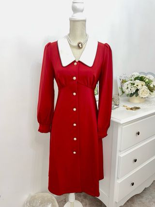 Vestito Vero Moda rosso con colletto bianco