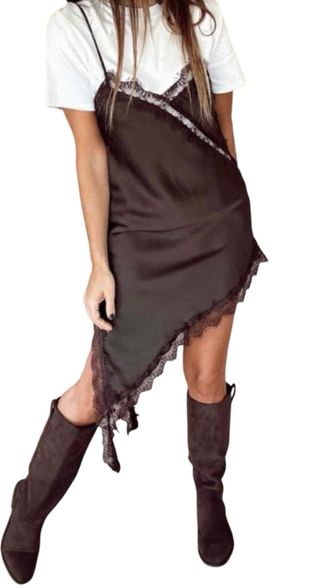 Vestido satinado lencero marrón chocolate  encaje