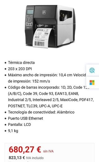 Impresora etiquetas Zebra ZT230 térmica 203dpi