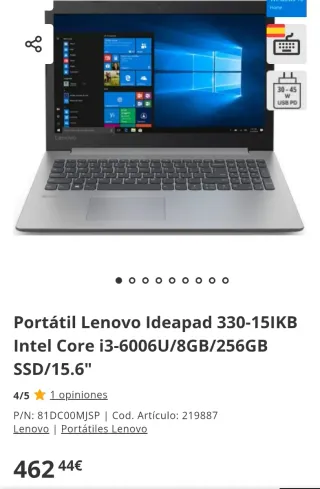 Portátil Lenovo Ideapad 330 Intel Core i3, 8/256Gb