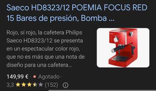 Cafetera express - Saeco HD8323/12 POEMIA FOCUS RED 15 Bares de presión, Bomba de presión de