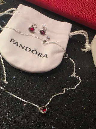 Conjunto Pandora Corazón Rojo Plata