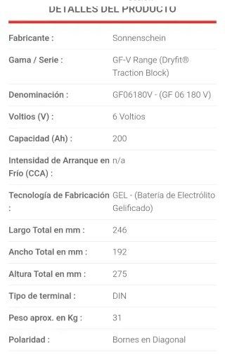 Batería Gel Sonnenschein GF06180V 6V 180Ah