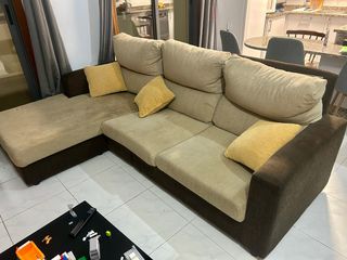 Sofá Chaise Longue Tela Beige y Marrón