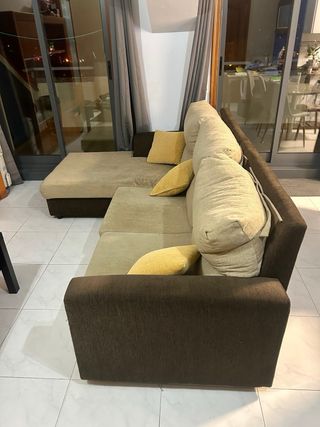 Sofá Chaise Longue Tela Beige y Marrón