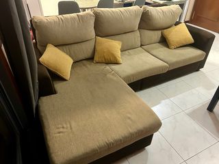 Sofá Chaise Longue Tela Beige y Marrón