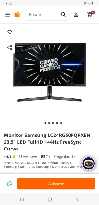 Monitor Samsung Curvo LC24RG50FQRXEN 144Hz