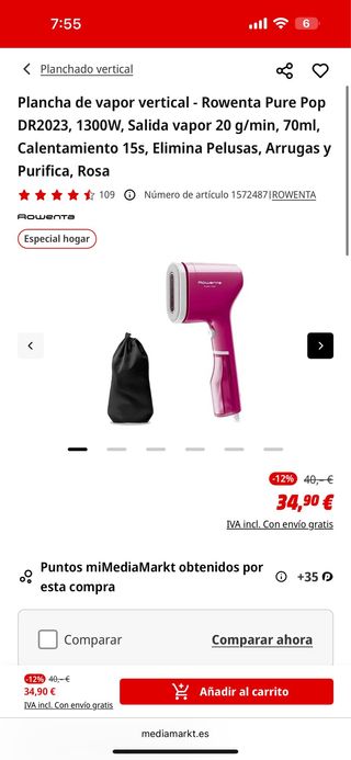 Plancha de vapor vertical Rowenta Pure Pop Rosa