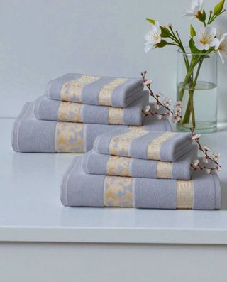 Juego 6 Toallas Algodón Premium Gris y Dorado