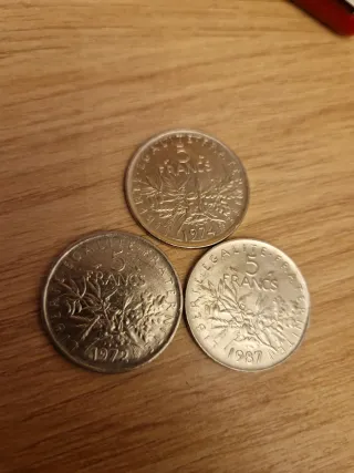 3 Monedas 5 Francos Franceses 1972, 1974 y 1987