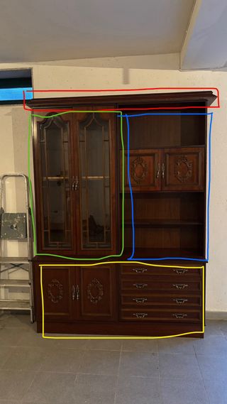 Mueble de salón de madera y cristal