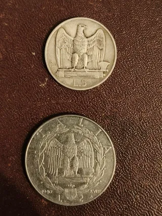 2 Monete Italiane Aquila Savoia L.5 1927 L.2 1940