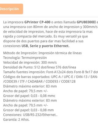 Impresora Ticket Térmica CP-400 Negra