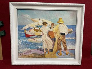 Óleo firmado: Escena de pesca en la playa