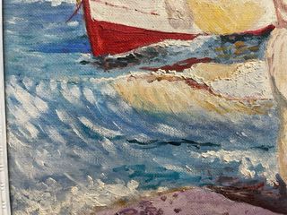 Óleo firmado: Escena de pesca en la playa