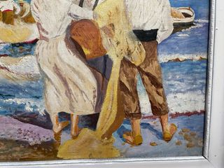 Óleo firmado: Escena de pesca en la playa