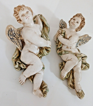 Antica Coppia Angeli Cherubini Da Parete Muro Vint