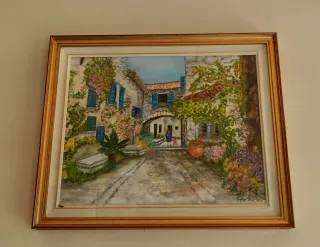 Quadro olio scena villaggio con fiori