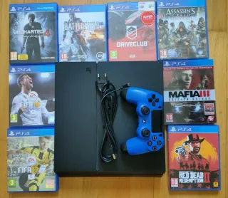 Consola PS4 1TB Negra + 8 Juegos + Mando Azul