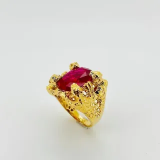 SELLO 4 PANTERAS CON PIEDRA OVALADA ROJA. Oro18K.