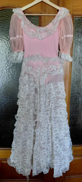 Vestido largo época rosa y blanco