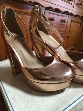 Zapatos de fiesta oro rosa tacón plataforma