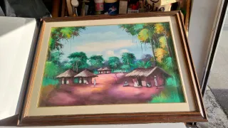 Arte Africana: Olio su Tela Villaggio Tribale