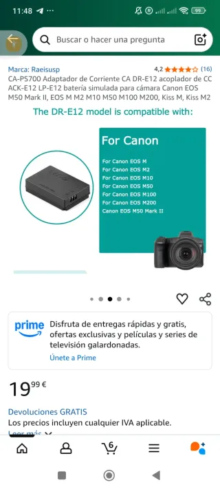 Batteria simulata ACK-E12 LP-E12 per fotocamera Canon