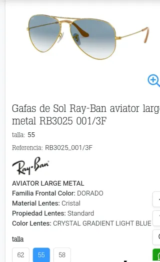 Gafas de Sol Ray-Ban Aviator Talla 55
