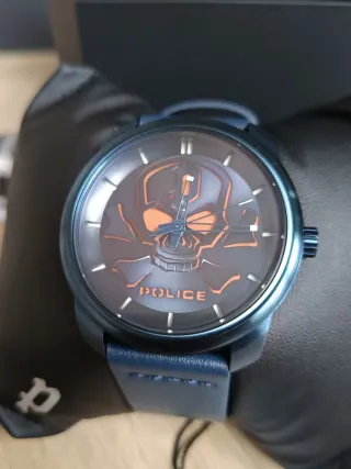 Reloj Police Azul Metalizado Calavera Nuevo