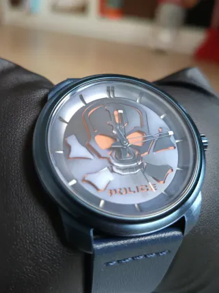 Reloj Police Azul Metalizado Calavera Nuevo