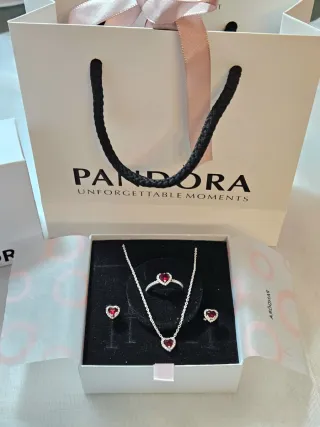 Conjunto Pandora Corazón Rojo y Plata