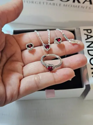 Conjunto Pandora Corazón Rojo y Plata