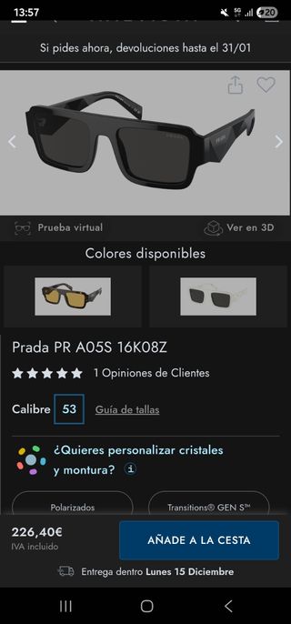 Gafas de sol Prada hombre negras