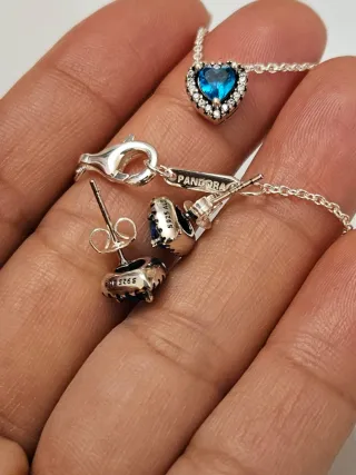 Conjunto Pandora Corazón Azul y Plata
